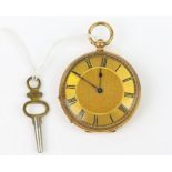 Pocket watch, open face, stamped 14ct gold, gold tone dial, with Roman numeral hour markers,
