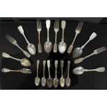 Six silver fiddle pattern desert spoons Exeter 1841, together with other fiddle pattern flatware,