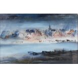 Colin Kent (contemporary), landscape with river and cathedral to background, watercolour and