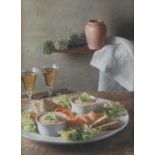 § Darren Baker (British, b. 1976), 'Summer Salad', still life with wine and salad, pastel,