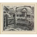 § Guy Seymour Warre Malet (British, 1900-1973), landscape with barn, woodcut, signed in pencil to