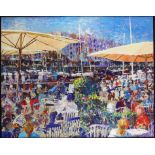 § J. Cousin (contemporary). Mediterranean cafe scene with harbour to background (2002),