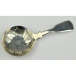 London 1789 silver caddy spoon with bright cut bowl decoration.