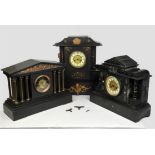 Large black slate mantle clock with metal mounts, H 47cm and two other slate mantle clocks