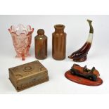 Ceramic jars, coloured glass ware associated glass ware, wooden trinket boxes, etc.
