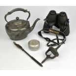 Mixed metal ware including tankards, teapots, flatware and associated items.