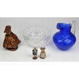 Collection of blue and white printed pottery, various glass bowls, blue glass jug and other items