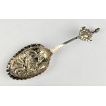 Large bowl Dutch silver wine or caddy spoon with squirrel finial to handle and ship decoration to