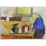 Jonathan Richard Turner, Figure at a table with a tea tray. Oil on canvas. 25 x 35cm.