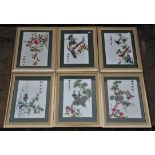 Six Chinese embroidered panels of birds, with calligraphy, in gilt frames, 60 x 50cm (6)