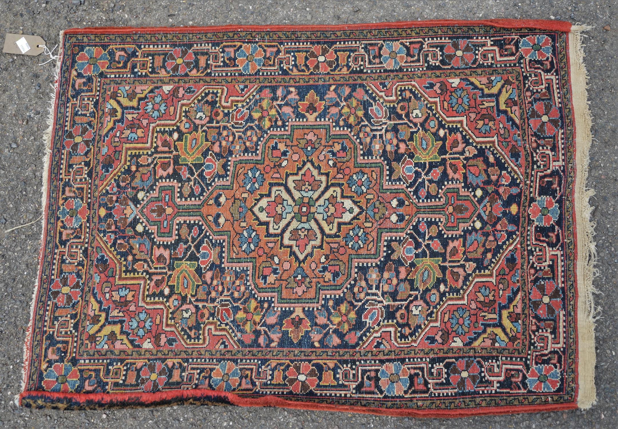 Small Persian mat or rug, 20th Century, central stepped motif, with central floral design, - Image 2 of 2
