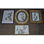 A large oval gilt framed and glazed Oriental embroidery of Birds amongst Bamboo, together with