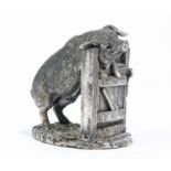 Large silver covered model of a pig scratching his ear on a gate by Country Artists, 8cm high