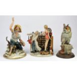 Italian Calisto porcelain model of an owl, 30cm high, together with two Capodimonte figures of a