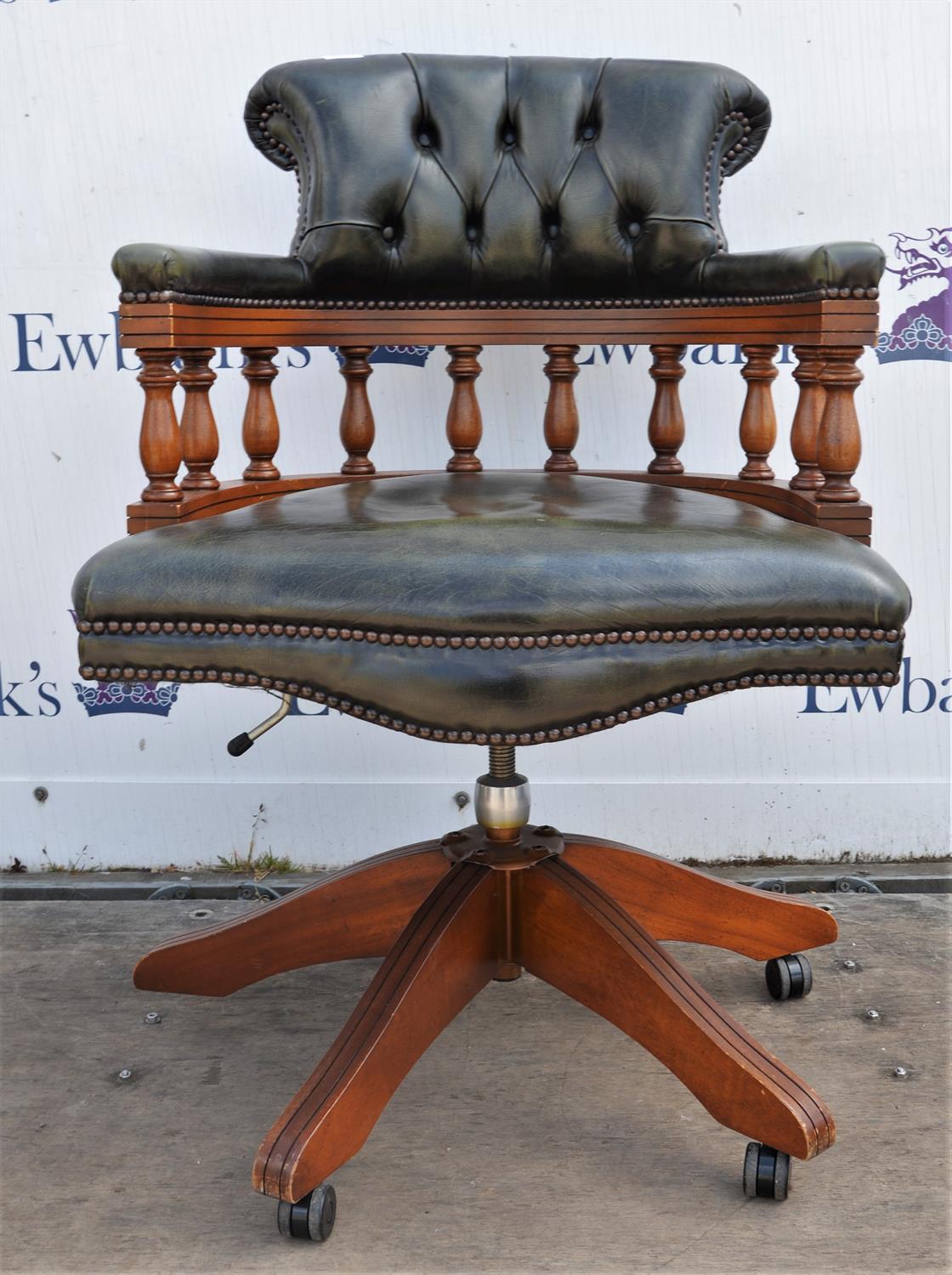 Swivel office chair, 20th century, upholstered in green button back leather