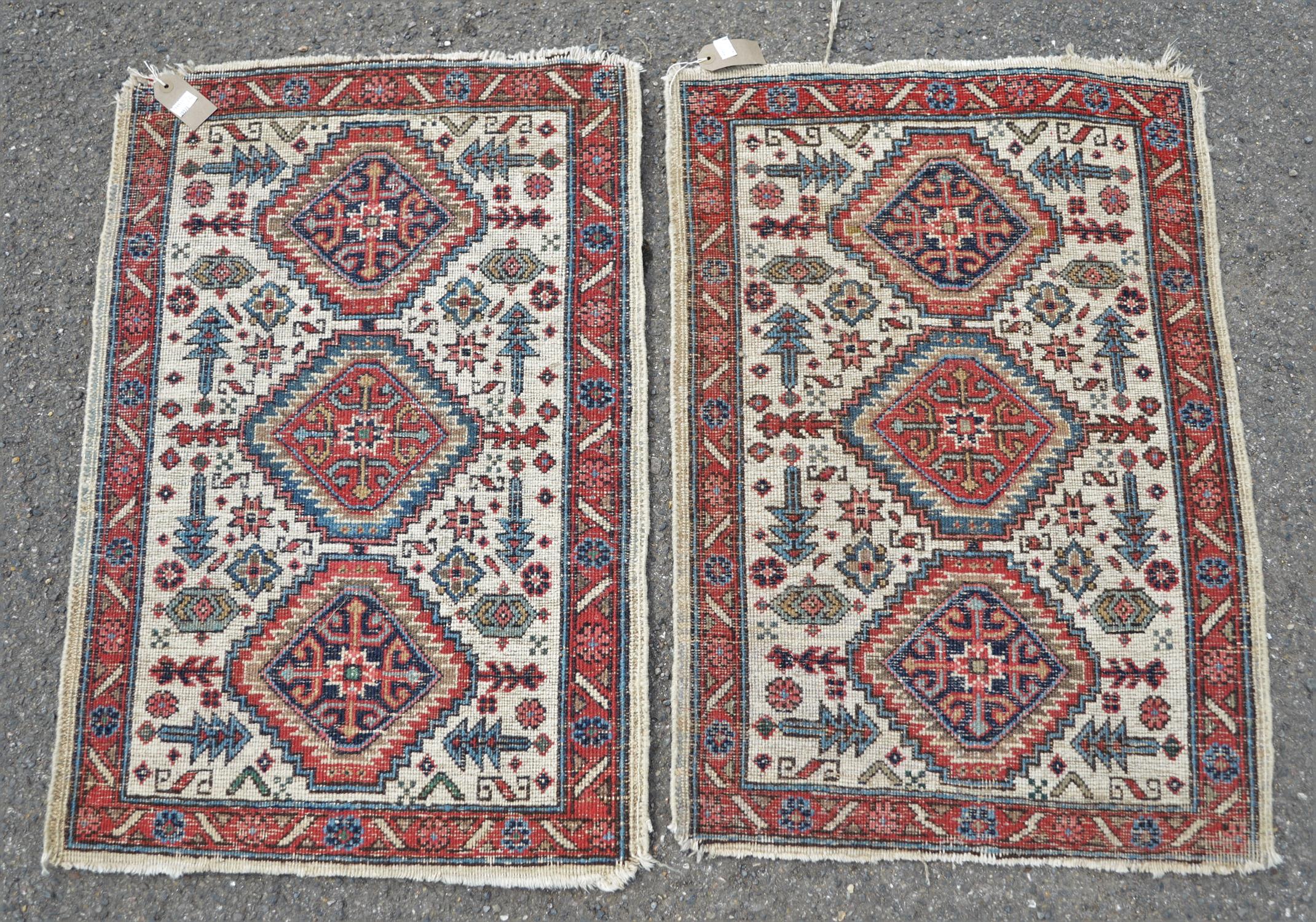 Pair of Persian carpets, 20th Century, with three lozenges, of stylised flower and cream ground, - Image 2 of 2