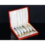 Danish gilt silver and enamel cased set of six spoons by Meka.