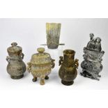 Four Chinese hardstone Archaic style vases, three with lids, 33cm high, and a hardstone models of a