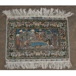 Persian part silk matt, woven with a pictorial scene of a tiger hunt, fringed, 40 x 57cm