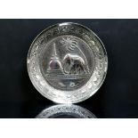 Indian silver white metal dish by KAA with scenes of an elephant near a temple.