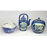 An Oriental blue and white oversized Ginger jar with lid, Hot water jug with lid and a blue and