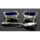 Pair open salts with blue glass liners, marks rubbed, William IV table spoon London 1831,