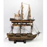 A scale model of an early 19th century Ship of the Line / Galleon, the three masts with rigging,