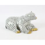 Herend Figure of a Mother Polar Bear with Cub, black fishnet, printed maker's marks,