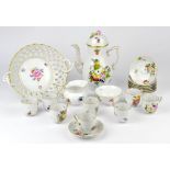 Herend coffee set painted with flowers and vegetables, comprising coffee pot with cover. cram jug,