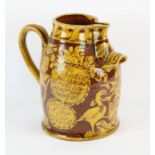 Mary Wondrausch, large slip ware beer jug decorated with animals, ship, armorial and motto,