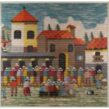 Large modern embroidery depicting town with figures, 88 x 90cm, framed and glazed,