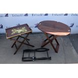 An African hardwood butler’s tray on stand, 65cm high x 72cm wide x 56cm deep, and a painted tray