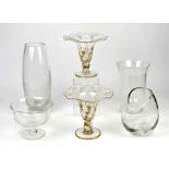 Pair of spiral trailed glass vases with gilt foliate decoration, H 18cm. three clear glass vases