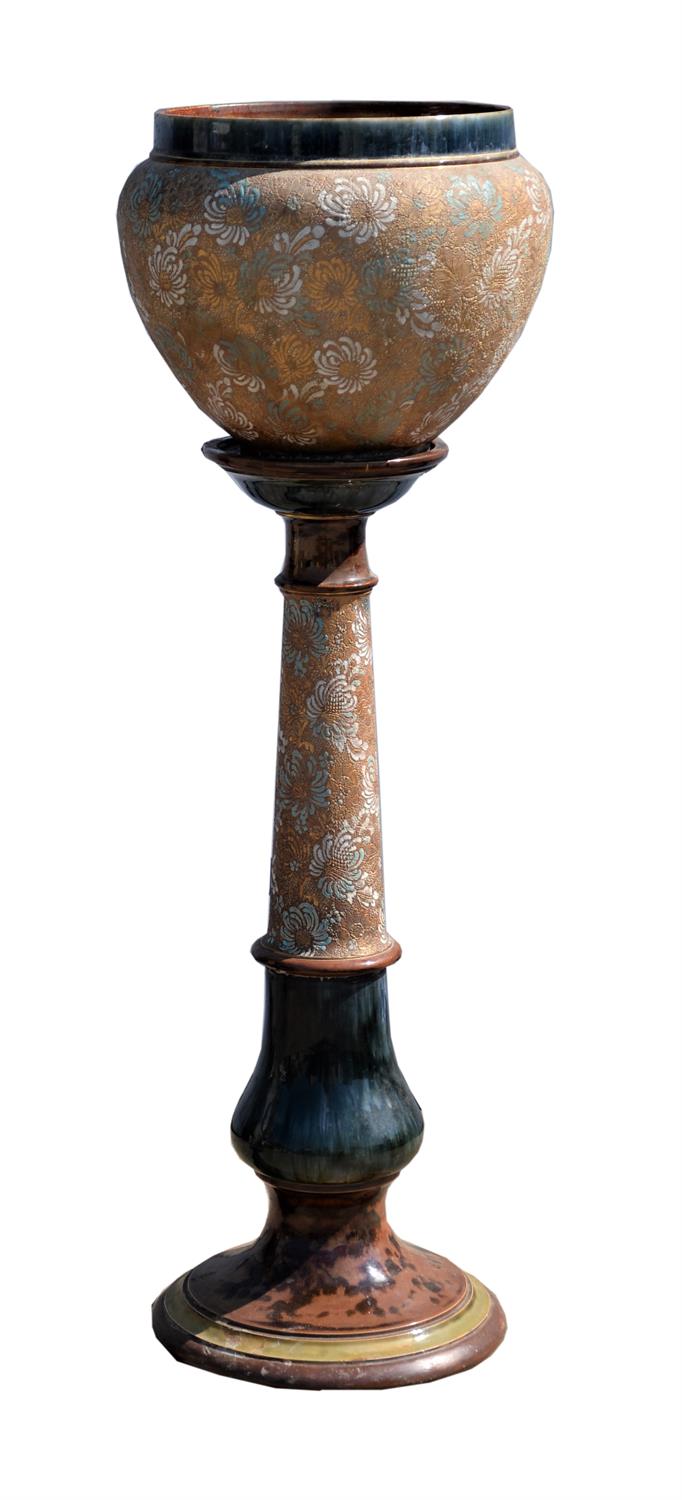 Royal Doulton Slaters Patent jardinière, on a baluster column, with circular foot. - Image 3 of 3