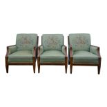 Edwardian line inlaid and mahogany settee suite, with floral embroidered upholstery,