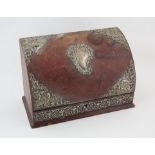 Red Morocco and silver mounted stationery box, the silver embossed with shells, masks and scrolls