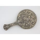 Art nouveau silver hand mirror embossed with flowers and ribbons by W G Keight & Co,