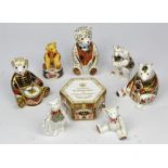 Royal Crown Derby three bear paperweights, other bears, commemorative box and saucers (qty).