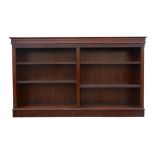 Reproduction rectangular mahogany low bookcase, 20th Century, with moulded frieze above adjustable