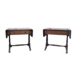 Pair of reproduction miniature sofa tables, with green leather tops, each with single drawer,