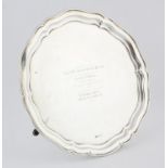 George V silver presentation salver with pie crust border on hoof feet by Fenton Brothers Ltd,