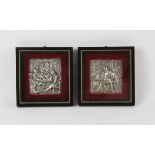 Pair of Dutch cast silver plaques in the manner of Teniers, 8.5cm x 8cm framed and glazed