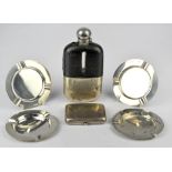 Set of four ash trays, London 1960, leather cased spirit flask with silver cup, Sheffield 1910 and