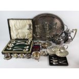 Silver plated items to include oval two handled tray, cased set of soup ladle and six soup spoons