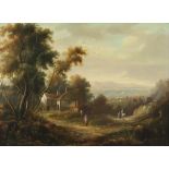 Nineteenth-century British School, landscape with cottage and figures to foreground, oil on canvas,
