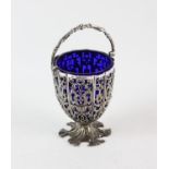Victorian silver swing handle sugar basket on pedestal foot, with pierced foliate scroll decoration
