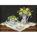 Enid Clarke (British, 1919-2020), 'Daffodils and Primroses', still life, oil on ivorine,