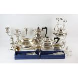 Silver plated four piece tea and coffee set, wine funnel, tea kettle on stand, fruit bowl,