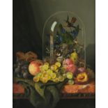 Ellen Ladell (British, 1853-c.1928), still life with exotic birds and fruit, oil on board,