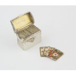 Late Victorian novelty silver miniature playing card box with hinged cover containing two packs of